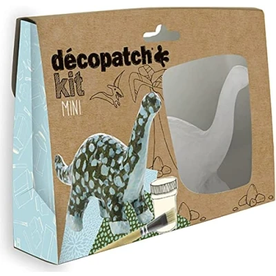 Image of Décopatch Ref KIT011O Dinosaur Mini Kit Suitable for Children Includes White Papier Mache Animal, 2 x Sheets, Brush &amp; Pot of PaperPatch Glue