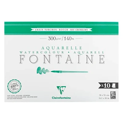 Image of Clairefontaine 975517C Glued Pad 1 Side Fountain 10 Sheets White Watercolor Paper 100% Cotton Grain Tea Towel Professional Quality 36x51 cm 300g