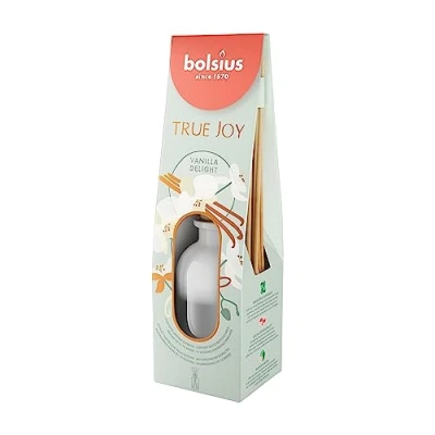 Image of Bolsius Reed Diffuser True Joy Vanilla Delight Lasts for up to 10 Weeks Natural Extracts No Alcohol Formula Transparent Recyclable Glass 80 ml