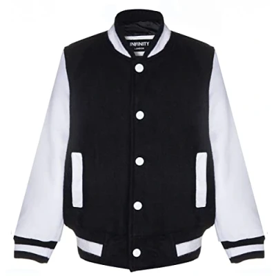 Image of Infinity Junior Childrens Unisex Kids Varsity Black &amp; White Bomber Jacket with Real Leather Sleeves 3 13 yrs Size 12 13Y