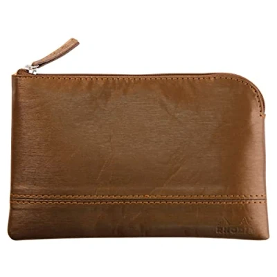 Image of RHODIA 116519C Faux Leather Zipped Pouch Bronze Size S (11x17 cm) Real Stitching Orange Fabric Interior Storage of Documents, Small Supplies