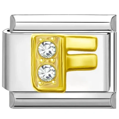 Image of Quiges 9mm Italian Style Charm Link Module Stainless Steel Zirconia gold Alphabet Letter F for Bracelets