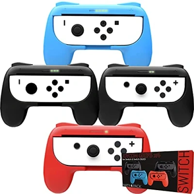 Image of Orzly Grips for Nintendo Switch Joycon Controller Super Smash brothers and other games. Party [4 Pack] Joy cons with LED Light Edition Patented Design