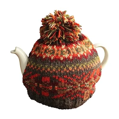 Image of Pachamama Handknitted Medium 4 6 Cup 1.2L Wool Tea Cosy Teapot Cover Fairisle Pattern Insulated Handmade Fair Trade Multicoloured