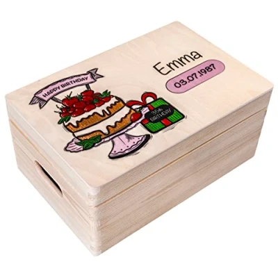Image of Creative Deco Personalised Birthday Gift Gifts for Women, Men, Girls or Boys Unique Wish Text Custom Box Customised Wooden Storage with Hinged Lid Perfect as a Keepsake Decoration