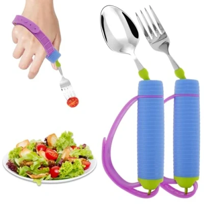 Image of Adaptive Utensils Spoons Forks Set with Nonslip Handle and Adjustable Silicone Strap 360 Rotatable Disabled Eating Aid Easy Grip Spoon Fork Holder Stainless Steel for Elderly,