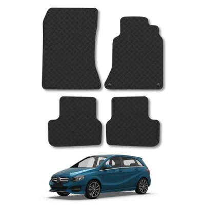 Image of Rubber Car Mats Compatible with Mercedes B Class (2012 2019) [W246] Tailored Fit Floor Set Accessory Black Custom 4 Pieces Clips Anti Slip Backing, Heavy Duty &amp; Waterproof