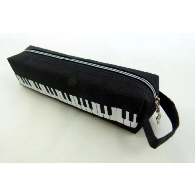 Image of Music Themed Black Keyboard Design Tube Shape Zipper Pencil Case with Hand Handle