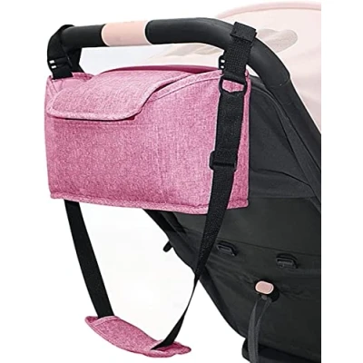 Image of AOOPOO Stroller Organizer Pram Bag,Pram Buggy Organiser Bag Universal Baby Storage Pushchair with Mobile Phone Pocket,Zipper Pocket,2 Cup Holders &amp; Shoulder Strap (Pink)