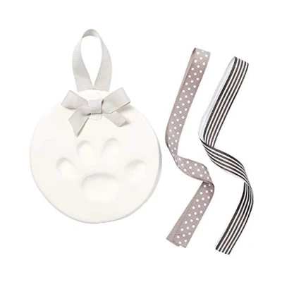 Image of Pearhead Christmas Pet Paw Print Ornament Kit DIY Hanging Clay Keepsake for Dogs &amp; Cats, Easy Air Dry Clay, No Mess, Perfect New Owners and Memorial, Personalized Pawprint Gift, Gray Ribbons