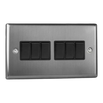 Image of Varilight XT96B Classic Brushed Steel 6 Gang 10A 1 or 2 Way Rocker Light Switch