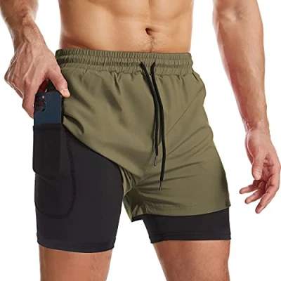 Image of Danfiki Men Running Shorts Men&#039;s Workout with Phone Pocket 2 in 1 Gym Training Lightweight Quick Drying Green