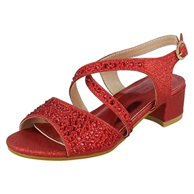 Image of Spot On Girls Mid Heel Mule Sandals H1105 Red Glitter UK Size 2 EU 34 US 3