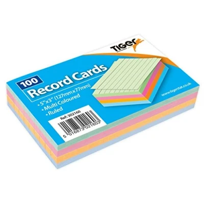 Image of Tiger 1 x 100 Sheet Pack of Record Flash Cards Coloured Study Revision 5x3