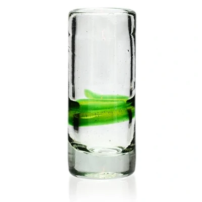 Image of Tumia LAC Shot or tequila glass, blended green, hand blown from recycled glass fair trade and handmade in Mexico