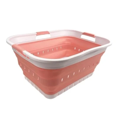 Image of SAMMART 42L Collapsible Plastic Laundry Basket Foldable Pop Up Storage Container/Organizer Space Saving Hamper/Basket (1, White/Quartz Pink)
