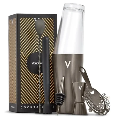 Image of VonShef Cocktail Shaker Set, Graphite 6pc Set with 550ml Boston Shaker, Professional Bartender for Home Bar, Including Strainer, Muddler, Jigger &amp; Other Bar Accessories, Gift Box Included