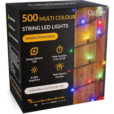 Image of CHRISTOW Christmas Fairy Lights, Multi Coloured LED String Lighting with Timer, Indoor &amp; Outdoor, Tree Mains Operated, 8 Light Modes Flashing Static, Green Cable (500 / 50m Lit Length)