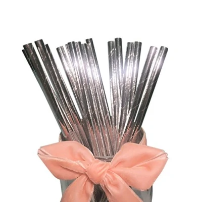 Image of Solid Glitter Silver Straws, 100 Pack Metal Paper Straws Biodegradable Disco Drinking for Party Birthday Wedding Decorations
