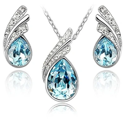Image of Crystalline Azuria Women 18ct White Gold Plated Teardrops Blue Simulated Aquamarine Crystals Set Pendant Necklace 17.7 inches Earrings