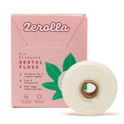 Image of Zerolla Eco Biobased Dental Floss 50 metre Friendly Sustainable Nylon Made from Castor Oil Tooth Plaque Remover All Natural in Recyclable Plastic Free Zero Waste Packaging