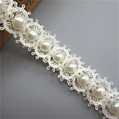 Image of 1 Yard Polyester Pearl Lace Edge Trim Ribbon Band 2.5cm Width Vintage Style White Edging Trimmings Fabric Embroidered Applique Sewing Craft Wedding Bridal Dress DIY Party Headwear Headdress Clothes