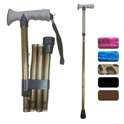 Image of LIFE Healthcare Walking Stick Gel Handle Comfort Grip Collapsible Folding Cane for Men &amp; Women Adjustable Length Brown
