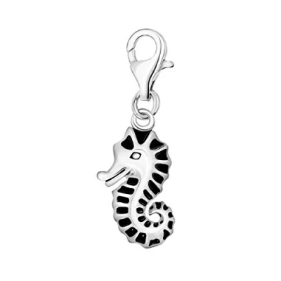 Image of Quiges 925 Sterling Silver Black Enamel 3D Ocean Seahorse Lobster Clasp Charm Clip on Pendant