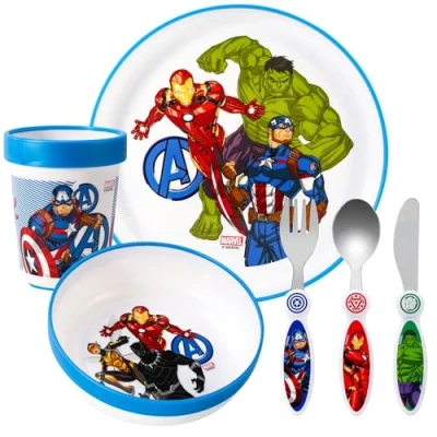 Image of Avengers Kids 6 Piece Reusable Dinner Set Plate/Bowl/Cup/Knife/Fork/Spoon Childrens Dinnerware Tableware Cutlery