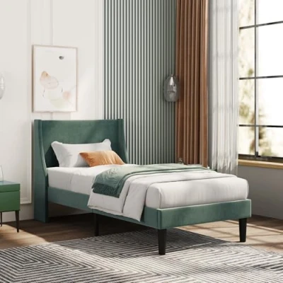 Image of Merax Single Bed Frame 3FT Upholstered with Winged Headboard, Wood Slat Support, Strong Comfortable Bed, Bedroom Furniture, Soft Velvet Green