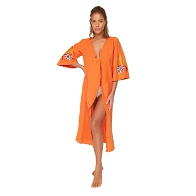 Image of Trendyol Women&#039;s Beachwear Regular Basic V Neck Woven Kimonos &amp; Kaftans, Orange, 34