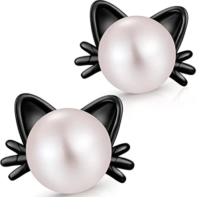 Image of Cat Earrings Black Womens Pearl Cute Sterling Silver Ear Freshwater Lovely Stud Girls Kitten