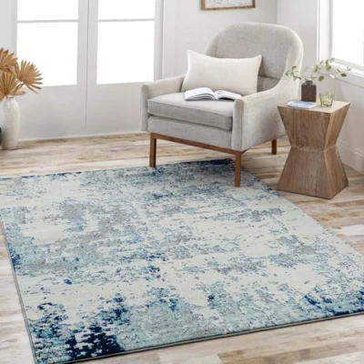 Image of Livabliss Moroni Abstract Rug Area Rugs Living Room 160x220 cm, Dining Room, Lounge, Kitchen, Bedroom Modern Marble Rug, Soft Luxurious Easy Care Medium Pile Large Silver, Blue and Grey