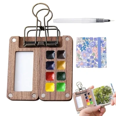 Image of Portable Watercolor Palette,Travel Paint Palette,Tiny Palette,Water Colour Kit,8 Grids Wooden Travel Palette,Mini Watercolour Sketchbook,Gift for Painters and Artists ﻿ (A)
