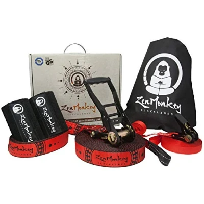 Image of ZenMonkey Slackline Kit with Overhead Training Line, Arm Trainer, Tree Protectors, Cloth Carry Bag and Instructions, 60 Foot Easy Setup for the Family, Kids Adults