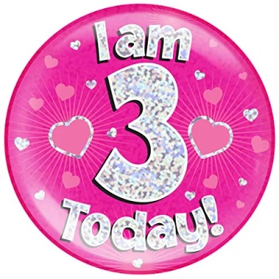 Image of OAKTREE UK 633049 6&quot; Jumbo Badge I am 3 Today Pink Holographic Dot
