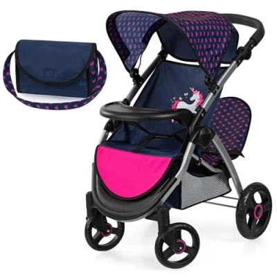 Image of Bayer Design 39416AA Twin dolls pram, double doll stroller, adjustable handle, foldable, bag