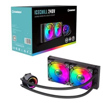 Image of GameMax Ice Chill 240V ARGB CPU Liquid Cooler, AIO Cooler 240mm Water For Intel &amp; AMD, 2 x 120mm Infinity PWM Fans, 800 to 2000RPM Mirror Rotatable Cap Design Black