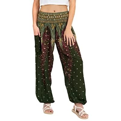 Image of Lofbaz Harem Pants for Women Yoga Boho Hippie Clothing Womens Palazzo Bohemian Pajama Trousers Beach Indian Gypsy Genie Clothes Peacock 1 Green 3XL
