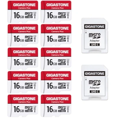Image of Gigastone 16GB Memory Card Pack of 10 Cards, Camera Plus Series, Speed Up to 85MB/s. Ideal for Full HD Video Gopro Drone U1 C10 Micro SDHC with Mini Case and SD Adapter.
