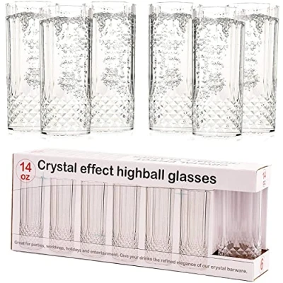 Image of MantraRaj PK6 Clear Crystal Long Drink Glasses Plastic Highball Whiskey Wine Champagne Flute Tumblers Drinks Cups Reusable and Durable Perfect for Parties, Weddings, Picnics Barbecues