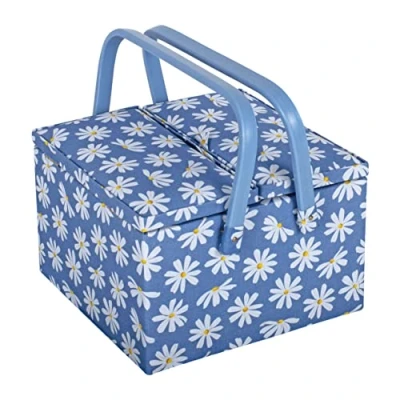 Image of Hobby Gift Large Sewing Craft Storage Box, Twin Lid, Square, Denim Daisies