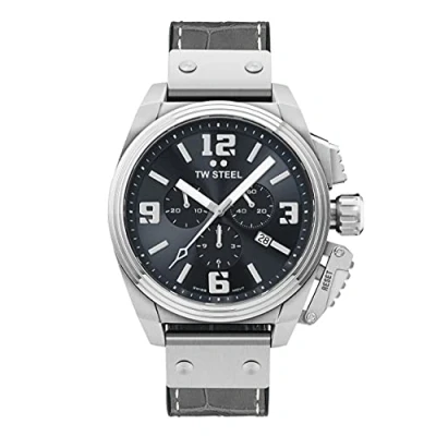 Image of TW Steel New Canteen Mens 46mm Quartz Watch with Grey Dial Leather on Rubber Strap, and Date Calendar TW1013