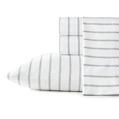 Image of Stone Cottage King Sheets, Cotton Percale Bedding Set, Crisp &amp; Cool Home Decor (Trenton Stripe Green, 4 pcs, King)