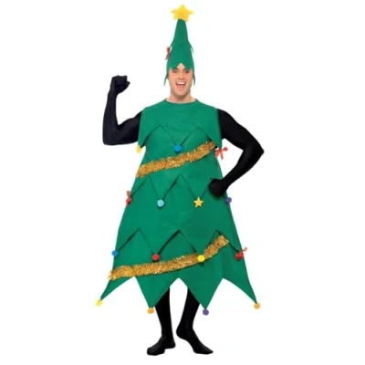Image of Smiffys Christmas Tree Costume, Green with Tunic &amp; Hat, Deluxe, Adult Fancy Dress, Santa Dress Up Costumes