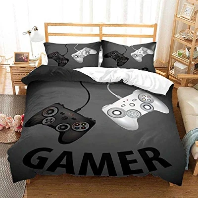 Image of Boy Teens Youth Black Gamer Duvet Cover with Zipper Microfiber Dorm Decoration, 3D Video Game Controller Bedding Set Quilt Matching Pillowcase (Grey, Single 135x200cm)