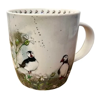 Image of Alex Clark Coastline Puffins Mug Wildflowers Birds Coastal Beach Original Artwork Cup for Nature Lovers Gift Ideas Perfect Coffee &amp; Tea Vegan Friendly Designed in The UK...