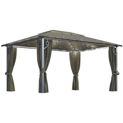 Image of vidaXL Gazebo with Curtain&amp;LED String Lights 4x3 m Taupe Aluminium