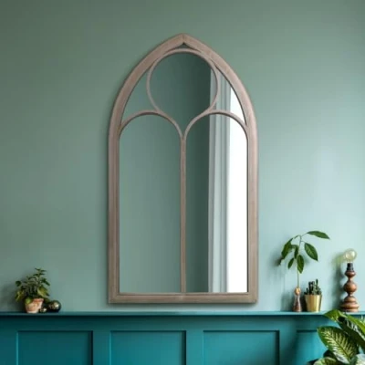 Image of The Somerley Rustic Metal Chapel Arched Decorative Wall or Leaner Mirror Stone Colour 44&quot; X 24&quot; (111CM 61CM)