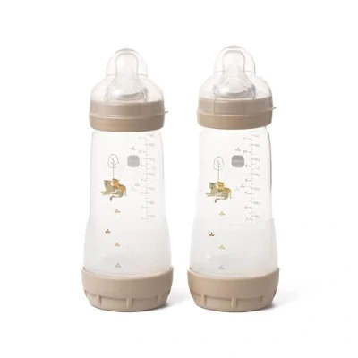 Image of MAM Easy Start Self Sterilising Anti Colic Baby Bottle Pack of 2 (2 x 320 ml), Bottles with Fast Flow Teats Size 3, Reduced Bottle, Essentials, Cream (Designs May Vary)